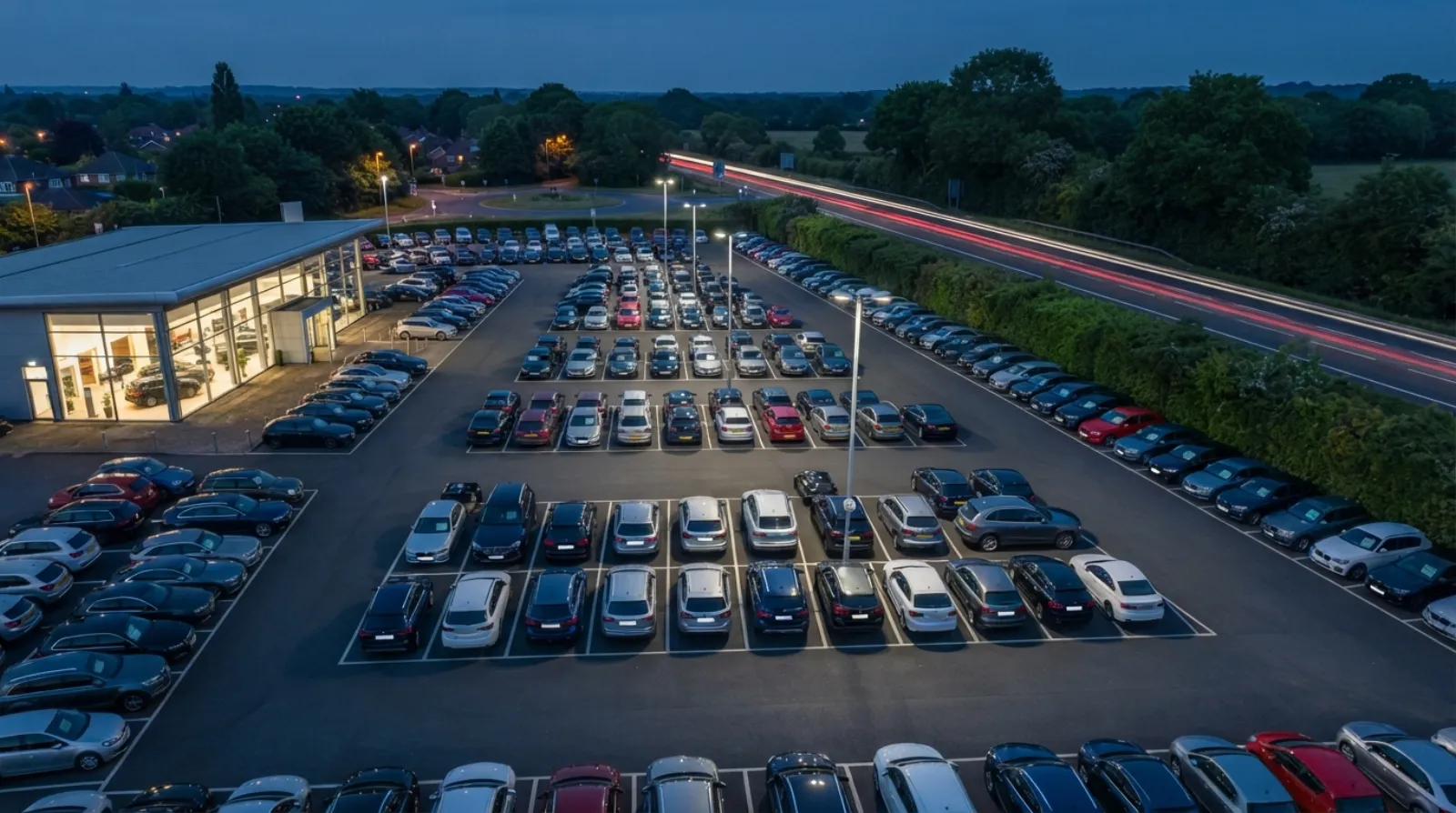 A branch forecourt at dusk, hundreds of cars in floodlit rows