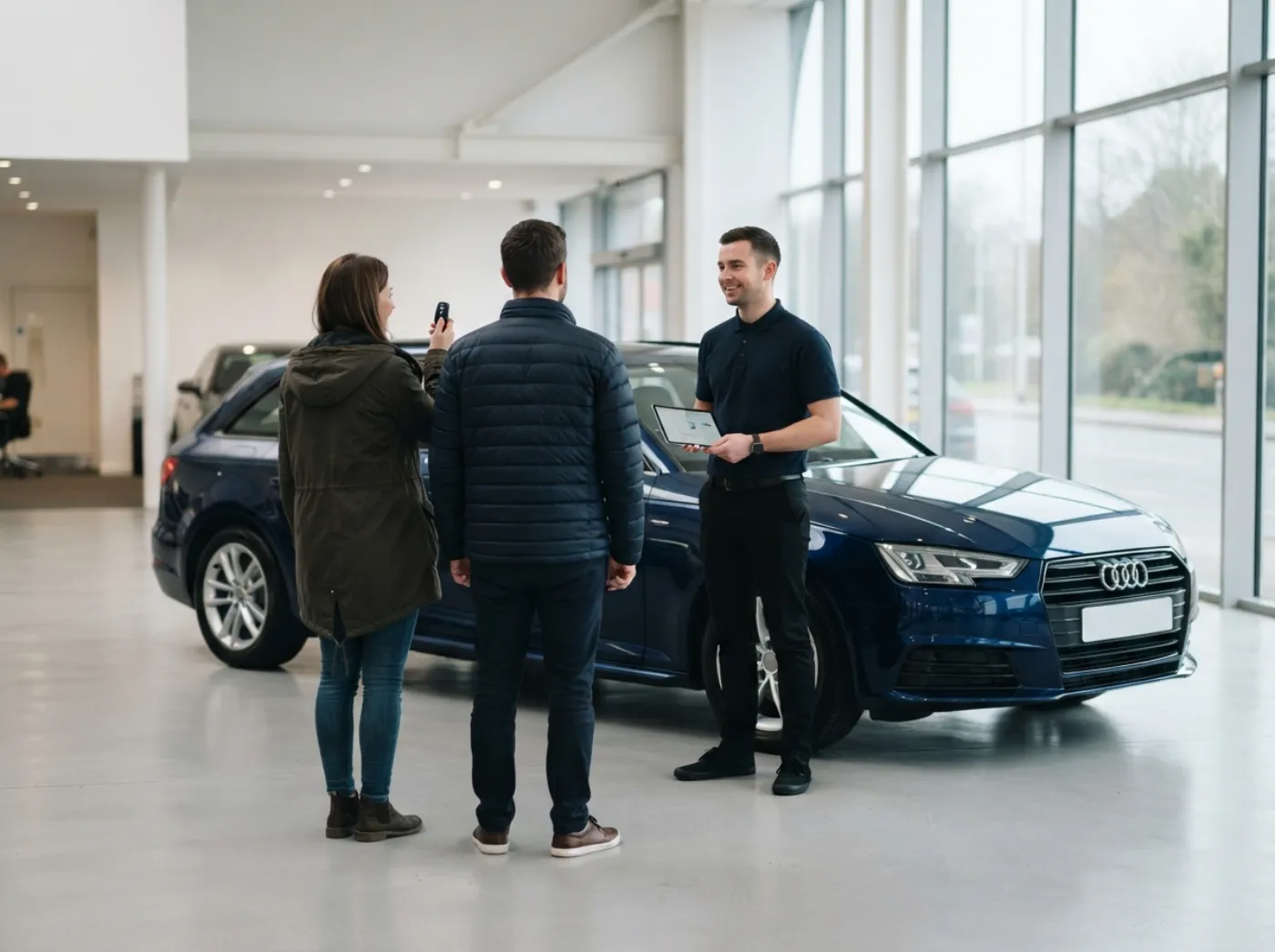 A couple collecting their car in a handover bay, key in hand
