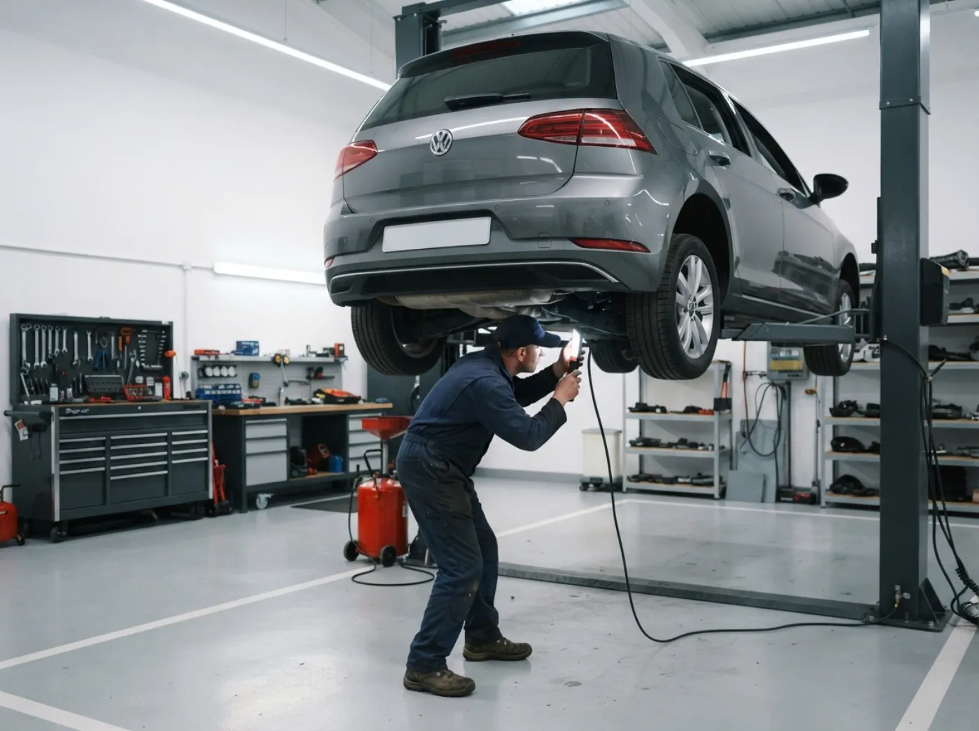 A technician inspecting a car on a lift at the Snodland preparation centre