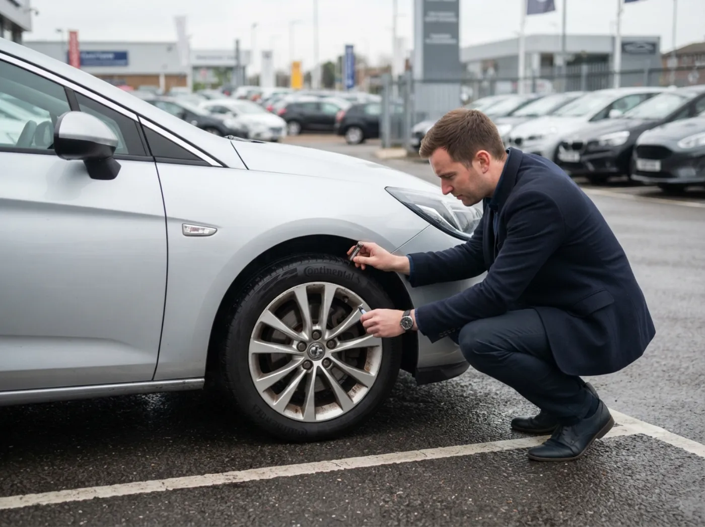 A valuer checking the wheels and tyres of a silver hatchback on the forecourt